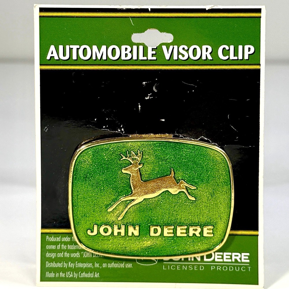 John Deere Automobile Visor Clip Enameled Green Gold Leaping Deer 1956 Logo NEW